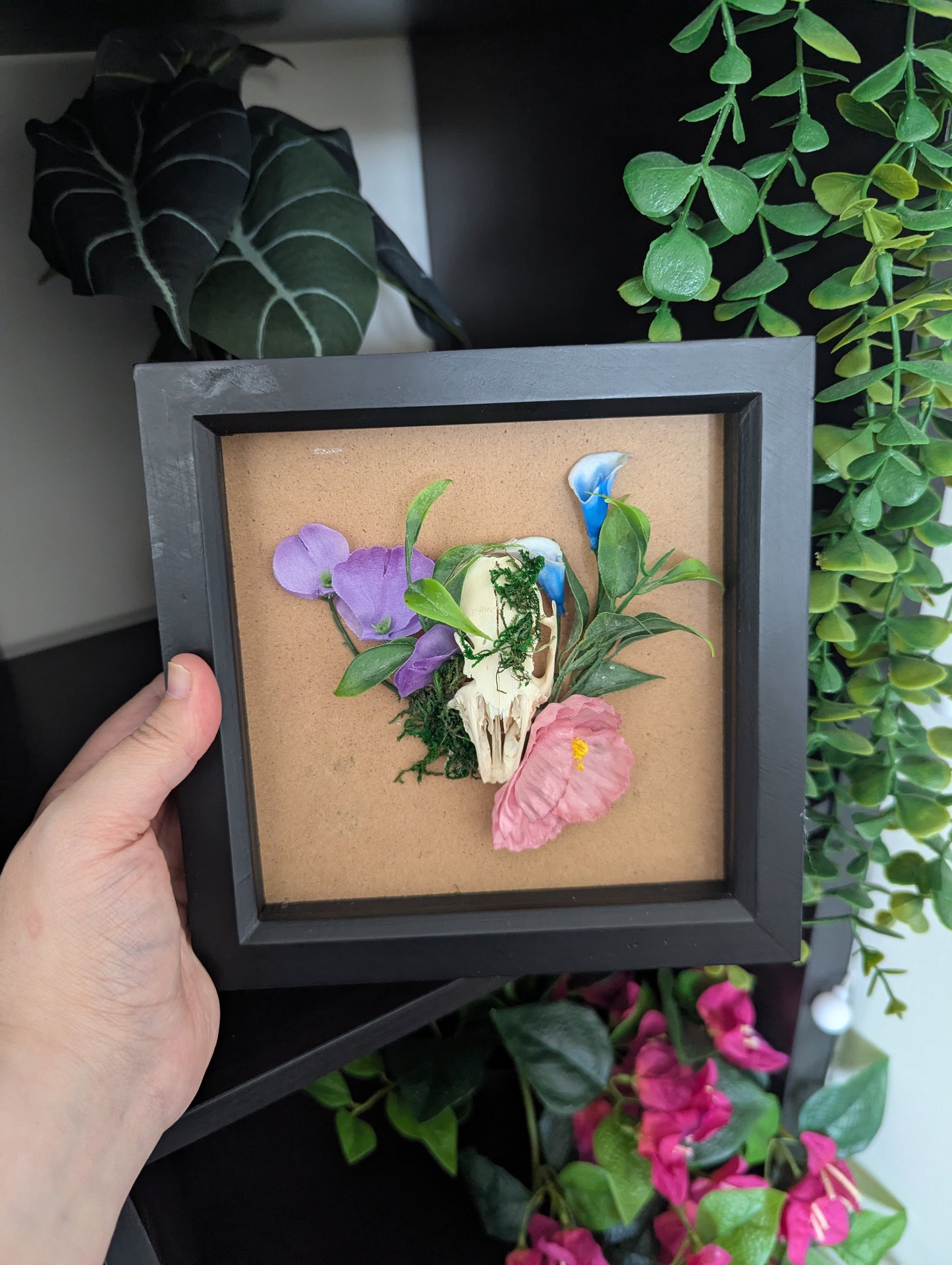 Blossoming Bones - Black Framed Rabbit Skull