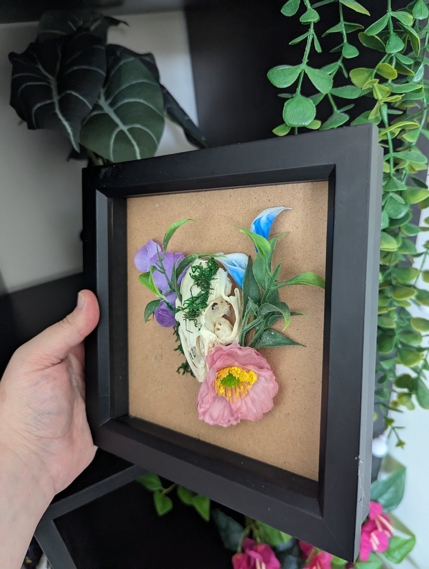 Blossoming Bones - Black Framed Rabbit Skull